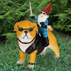 Garden Gnome Statue Holding Sword Outdoor, Funny Garden Gnome Riding Dog Statue Decoration Lawn Figurines for Home Patio Yard Garden Decor Indoor Outdoor, Housewarming Garden Gift