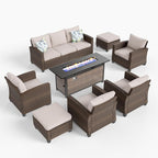 HERA'S HOUSE Patio Furniture Set, Outdoor Wicker Furniture with Fire Pit, 8 Pieces Deep Seating Outdoor Conversation Sofa Sets with Thick Cushions for Deck Backyard Lawn, Beige