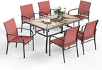 7 Pcs Patio Dining Set for 6, Rectangular Metal Dining Table (PVC Table Top) with Umbrella Hole and 6 Chairs, Outdoor Dining Set for Lawn Garden Deck, Red