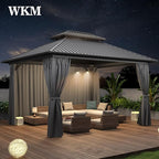 WKM 10x12 FT Hardtop Gazebo with Heavy Duty Galvanized Steel Double Roof, Aluminum Frame Permanent Pavilion with Curtains and Netting, Outside Canopy Gazebo for Patio, Deck and Backyard, Grey