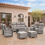 Swivel Patio Chairs sofa Set of 4 with 6" Thick Cushion - Wicker Outdoor Swivel Rocker Patio Chair ,Sofa/Glass coffee table, High Back Comfortable Outdoor Glider Chairs - Grey Wicker | Grey Cushions