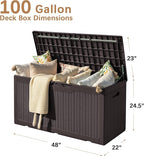 Devoko 97 Gallon Deck Box, Waterproof Resin Outdoor Storage Box for Outside and Patio, Large Outdoor Storage Bench Cabinet Lockable for Patio Furniture, Garden Tools and Pool Supplies (Deep Brown)