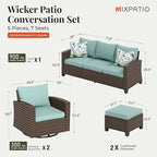 Swivel Glider Patio Furniture Set, 5 Pcs Wicker Outdoor Conversation Set, 2 x Swivel Chairs, 1 x 3 Seater Sofa and 2 x Ottoman, Blue