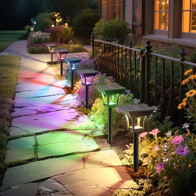 CINOTON 2 Pack RGBCW Solar Pathway Outdoor Lights, 3 Lighting Modes Solar LED Garden Light, IP65 Waterproof Outside Solar Powered Landscape Lighting for Patio Walkway Yard Driveway RGB/Warm/Cold White