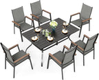 Sophia & William Patio Table and Chairs Set 7 Pieces, 6 Aluminium Patio Dining Chairs with 60" x 38" Metal Dining Table, Stackable and Easy to Move for Outdoor Garden Lawn (Grey)
