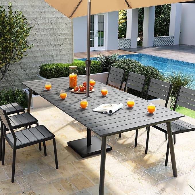 Outdoor Dining Table for 8-10, 94.5 inch Patio Dining Table with Wooden-Like Top and Aluminum Frame, Rectangular Table with Umbrella Hole Outdoor Furniture, Grey