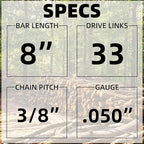 8 Inch Bar and Chain Combo - 3/8" LP Pitch .050'' Gauge 33 Drive Links, 8" Pole Saw Chain Chainsaw Chains Fits Chicago, Earthwise, Greenworks, Sun Joe and more (2Chain+1bar)