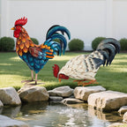 Shorayn Metal Rooster Statues, Outdoor Garden Metal Chicken Decor, Garden Sculptures Chicken Ornaments Yard Art for Backyard Patio Lawn Decorations, Set of 2