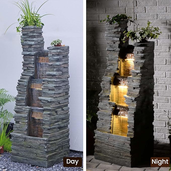 47" H Garden Water Fountain Outdoor with LED Lights & Pump, 3-Tier Cascading Outdoor Fountain for Garden,Patio,Porch,Backyard,Home Art Decor (Gray)