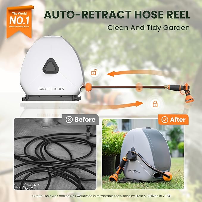 Giraffe Tools Retractable Hose Reel with 1/2 Inch x 100FT, Heavy Duty Ground Mount Garden Hose Reel, Automatic Rewind,with 9-Function Sprayer Nozzle & Flexible Swivel Base