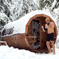 Outdoor Sauna 6-8 Person, Canadian Pinewood Barrel Sauna with Porch, ETL 6KW Toule Heater, Waterproof System, Asphalt Shingles, Rubber Base(0-195℉)