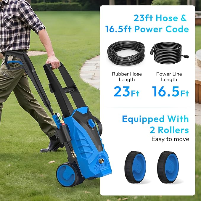 Pressure Washer, Power Washer with 4 Quick Connect Nozzles, High Pressure Cleaning Machine with Foam Cannon for Cars/Fences/Driveways/Patios/Home Cleaning, Blue