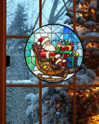 Stained Glass Window Hanging - Santa Claus Gift BoxSuncatcher for Doors Home Christmas Decoration Winter Sun Catcher Thanksgiving New Year Birthday Gift for Women Men Mom Nana 9.8 in