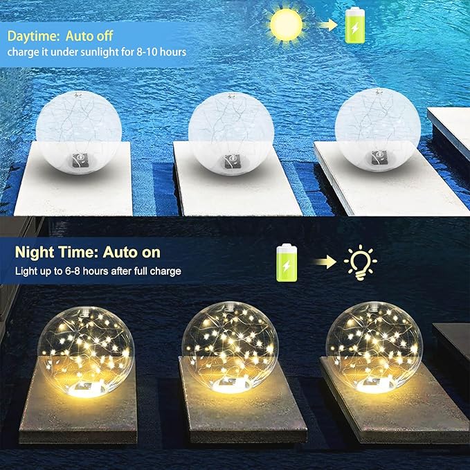 Solar Powered Floating Pool Lights - 14" Inflatable Waterproof Floating Light UP Pool Glow Balls, 3000K Warm-White Led Pool Lights That Float for Party Decorations, Outdoor Patio Detor (2)