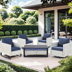 Wicker Patio Furniture Set：7 Piece Outdoor Patio Furniture Set with 2 Swivel Patio Chairs 2 Single Chairs a Coffee Table and 2 Ottomans, Light Grey Wicker/Blue Cushion