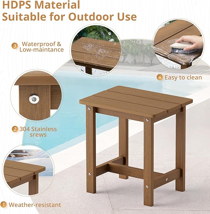 LUE BONA Outdoor Side Table, HDPS Small Adirondack End Table for Patio, Porch, Deck, Weather Resistant, Easy Maintenance, Indoor or Outdoor Use, Brown
