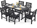 7 Piece HDPE Outdoor Dining Set for 6, Patio DHPE Furniture Set with Umberlla Hole, Weather Resistent Outdoor Table and Chairs for Garden, Poolside, Backyard, Deck, Black