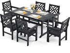 7 Piece HDPE Outdoor Dining Set for 6, Patio DHPE Furniture Set with Umberlla Hole, Weather Resistent Outdoor Table and Chairs for Garden, Poolside, Backyard, Deck, Black
