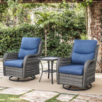 Patio Conversation Set with Smile-Shaped Cushions, Luxury Outdoor Swivel Chairs with Side Table and Ottomans, 5PCS PE Rattan Swivel Glider Chairs Set, Grey Wicker|Blue Cushions
