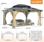 GARTOO 13’x15’ Patio Wooden Gazebo, Galvanized Steel Roof Gazebo with Privacy Curtains and Netting, Double Vented Roof Hardtop Gazebos for Garden, Porch, Lawn, Poolside, Backyard Deck