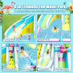 Inflatable Water Slide, 6 in 1 Blow Up Water Park Aged 3-10, Flamingo Style Water Bounce House with Double Long Slides, Splash Pool, 580W Blower Waterslide for Kids and Adults Backyard