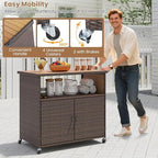 Tangkula Rattan Outdoor Storage Cabinet, Patiojoy PE Wicker Outdoor Cabinet with Acacia Wood Countertop, Open Compartment, Storage Shelf, Outdoor Bar with 4 Wheels for Garden Backyard Deck
