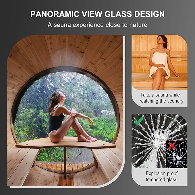 ZONEMEL Wood Steam Sauna with Panoramic View, Canadian Red Cedar Outdoor Barrel Sauna Room with 6kw ETL Certified TOULE Heater, Sauna Rocks, Wood Shingle Roof, 8 Person Sauna Bath