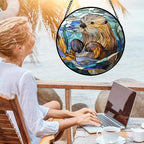 Stained Glass Suncatcher, Blue Ocean Cute Sea Otter Sun Catcher Stain Glass Window Hanging Decoration Mother's Day Birthday Gifts for Women Men Mom Nana 7.8 in