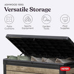 Keter Ashwood 100 Gallon Resin Deck Box Organization and Storage for Patio Furniture Outdoor Cushions, Throw Pillows, Garden Tools and Pool Toys, Brown