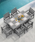 SERWALL 8-Piece Patio Dining Sets with 15FT Double Side Patio Umbrella, Outdoor HDPE Dining Furniture Set with Umbrella Hole Cut-Out Table and 6 Chairs, Gray（Umbreall Base not Included）