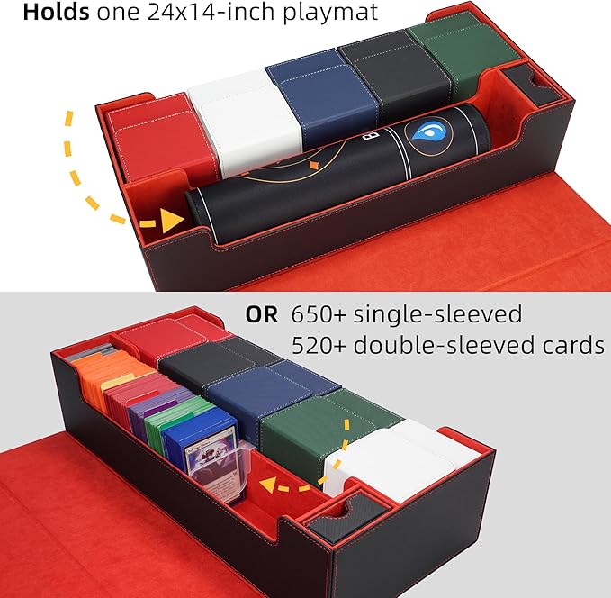 AFIING MTG Deck Box 6 In1 with MTG Playma,Premium Card Storage Box with 5 Pcs MTG Deck Box Holds 2400+ Trading Cards, Large TCG Card Deck Case for Magic Yugioh Sports Cards (Black&Red)