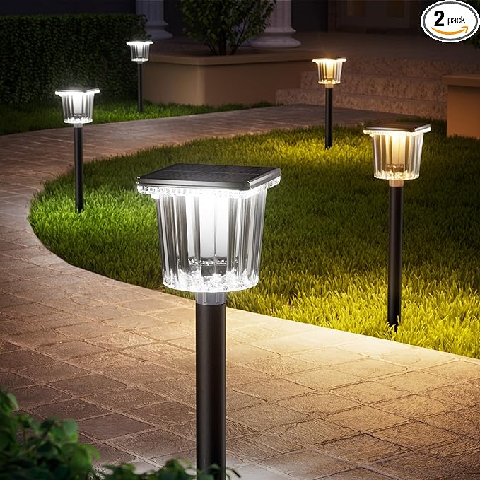 HIGH-Power Cold&Warm,3000/12000K 2-in-1 Solar Pathway Lights Outdoor,2 Pack Super Bright IP65 Waterproof,Up to 28 Hrs for Yard,Patio,Landscape,Sidewalk,Driveway,Lawn