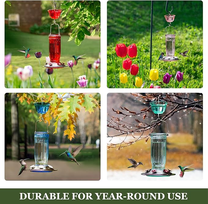Kingsyard 2 Pack Glass Hummingbird Feeder for Outdoors, 16 Oz Wild Bird Feeder with 6 Feeding Ports Hanging for Garden Yard, Red (Ant Moat Included)