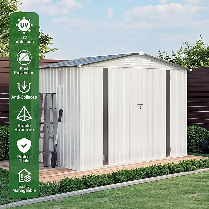 8x6 FT Outdoor Storage Shed with Windows, Metal Sheds & Outdoor Storage with Lockable Door and 4 Vents, Outside Storage Shed Waterproof for Backyard, Patio, White+Gray