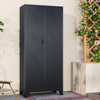 75" Outdoor Storage Cabinet – Heavy-Duty Lockable Metal Shed with Ventilated Doors, Perforated Stainless-Steel Bottom, Hanging Rod & Hooks, Easy Assembly