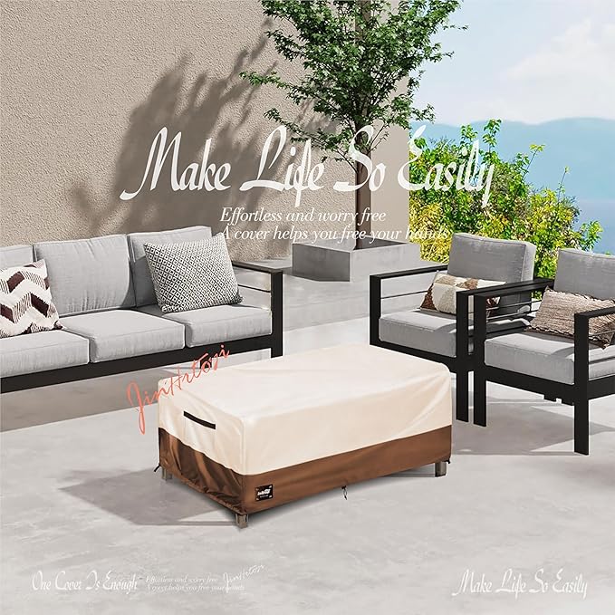 Outdoor Coffee Table Cover Waterproof, Patio Rectangular Side Table Covers, 48W x 28D x 16H Inches Outdoor Tables Cover,Beige&Brown