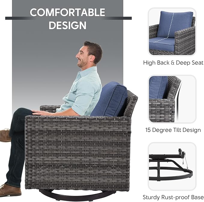 7 Piece Wicker Patio Furniture with Fire Pit Table - Outdoor Conversation Set with 50,000 BTU Fire Pit, All Weather Rattan Patio Set for Deck Backyard Garden - Grey Wicker Blue Cushion