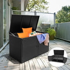 Tangkula Outdoor Wicker Storage Box, Garden Deck Bin with Steel Frame, Rattan Storage Box with Lid, Ideal for Storing Tools, Accessories, 88 Gallon Capacity (Black)