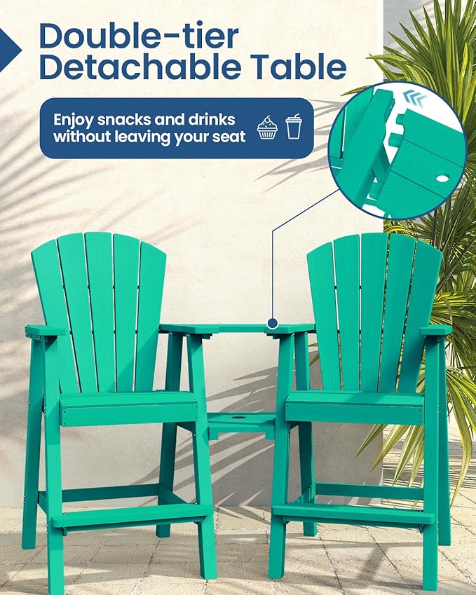 Ciokea Tall Adirondack Chairs Set of 4, HDPE Outdoor Adirondack Bar Stools with Double Connecting Tray, Weather Resistant High Back Adirondack Balcony Chairs for Deck, Lawn, Pool, Backyard, Lake Blue