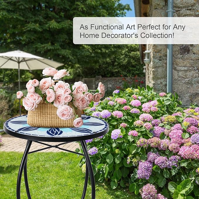 VCUTEKA Patio Side Table Outdoor Accent Table Bistro Coffee Table Plant End Table Small Porch Tables Indoor Round Glass Balcony Blue Flowers 14 inches