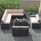 Outdoor Patio Furniture Set, 12 Pieces Outdoor Furniture All Weather Patio Sectional Sofa PE Wicker Modular Conversation Sets with Coffee Table,10 Chairs & Seat ClipsBrown.