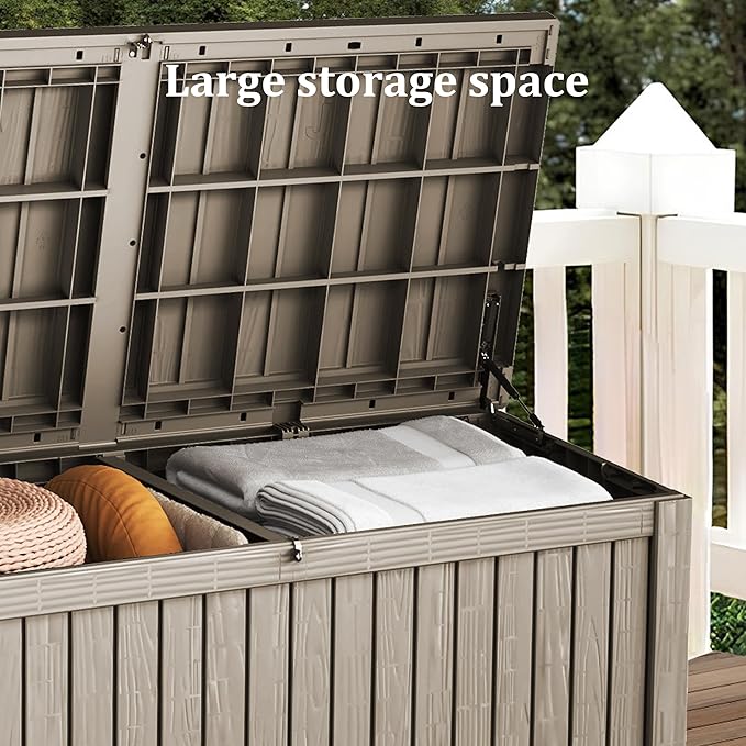 270 Gallon Waterproof Large Resin Deck Box Indoor/Outdoor Lockable Storage Container and Seating for Garden, Pool, and Patio (270 Gallon, Grey)
