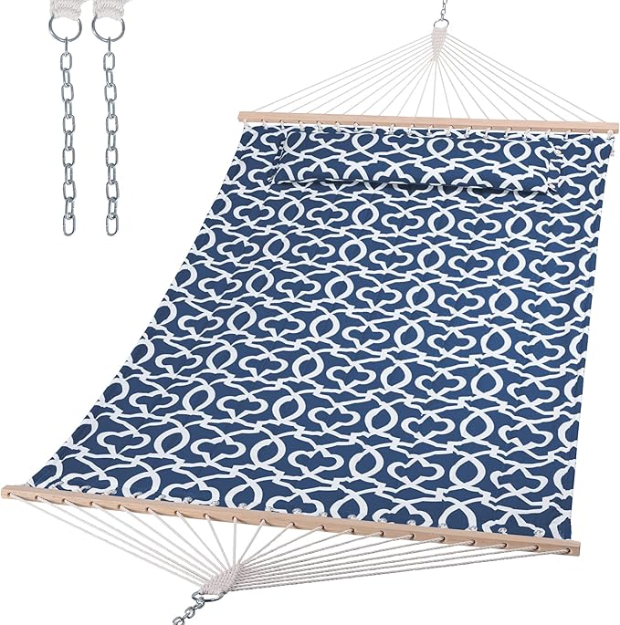 SUNCREAT Double Tree Hammock with Hardwood Spreader Bar, Extra Large Soft Pillow, Heavy Duty Hanging Hammock for Indoor, Outdoor, Blue Pattern