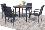 5 Pieces Round Dining Table Set for 4, Patio Dining Set Includes 4 Black Stackable Patio Chairs and 1 Black Round Table, Patio Furniture Sets with Sling Support for Outside, Garden