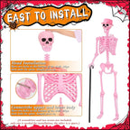 Tellingyou 6 Pcs Halloween Skeleton Decorations, Include 2 Pcs 5.4 ft Pink White Posable Life Size Skeletons, 1 Cane, 1 Tulle Skirt, 1 Hat, 1 Pink Glasses for Halloween Graveyard Haunted Decor