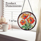 kdqua Poppy Flower Suncatcher Stained Glass Window Hanging, Poppy Flower Gifts Sun Catchers Indoor Window Glass Round Wall Decor, Orange Floral Wall Art Hanging Decorations Statues, 7.9x7.9in