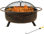 Sunnydaze Cosmic 42-Inch Large Outdoor Fire Pit - Wood-Burning Fire Pit with Round Spark Screen, Poker, and Built-in Grate