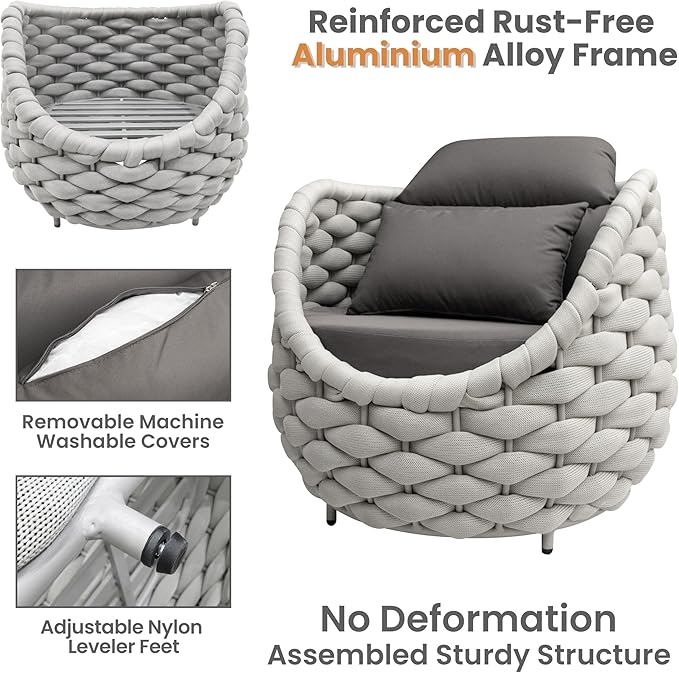 Porch Furniture Chair: Patio Accent Chair Aluminum - Woven Rope Cushioned Armchair Assembled - Modern Lounge Single Chair - All Weather 400lbs for Deck Balcony Yard Garden Hotel Poolside, Gray
