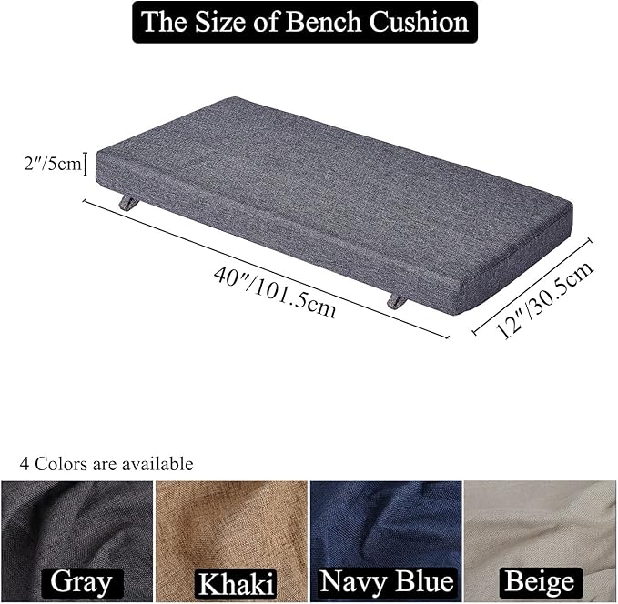 40 x 12 Inch Piano Bench Cushions for Indoor Furniture with Ties Non Slip Kitchen Dining Room Bench seat Cushion for Shoe Storage Ottoman Window Settee, Gray