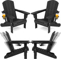 SERWALL Folding Adirondack Chair Set of 4, Adjustable Adirondack Chair with 3 Recline Positions, All Weather HDPE Outdoor Adirondack with Cup Holders, Black